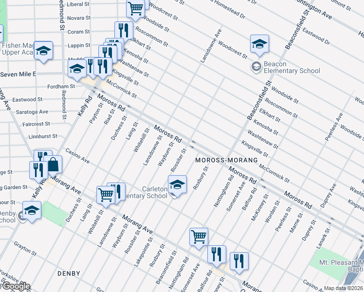 map of restaurants, bars, coffee shops, grocery stores, and more near 12139 Rossiter Street in Detroit