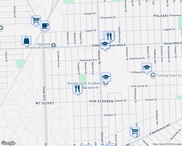 map of restaurants, bars, coffee shops, grocery stores, and more near 18500 Albion Avenue in Detroit