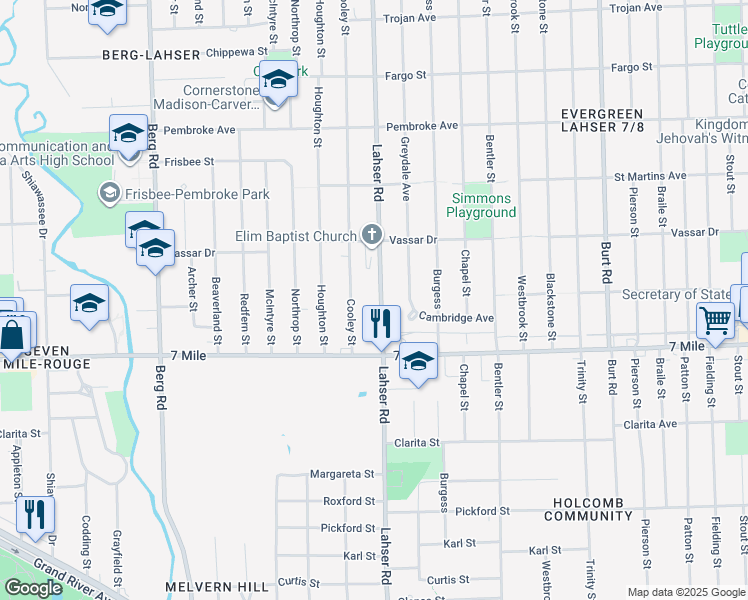 map of restaurants, bars, coffee shops, grocery stores, and more near 19199 Lahser Road in Detroit