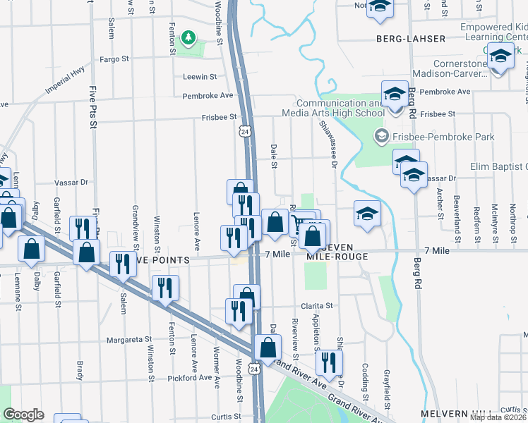 map of restaurants, bars, coffee shops, grocery stores, and more near 19248 Telegraph Road in Detroit