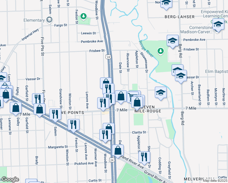 map of restaurants, bars, coffee shops, grocery stores, and more near 19248 Telegraph Road in Detroit