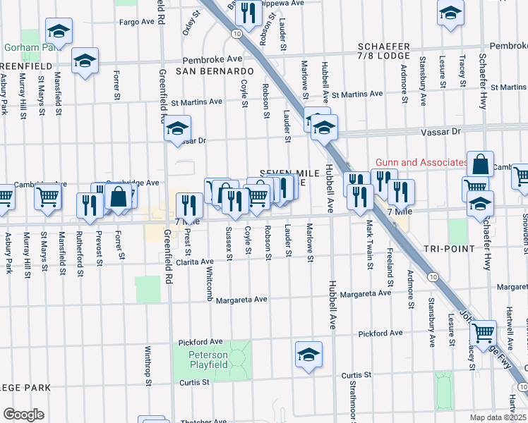 map of restaurants, bars, coffee shops, grocery stores, and more near in Detroit