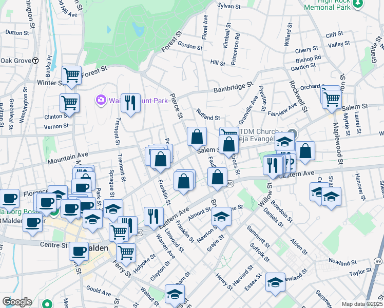 map of restaurants, bars, coffee shops, grocery stores, and more near 1 Pierce Street in Malden