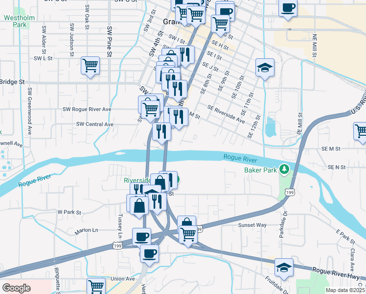 map of restaurants, bars, coffee shops, grocery stores, and more near 961 Southeast 8th Street in Grants Pass