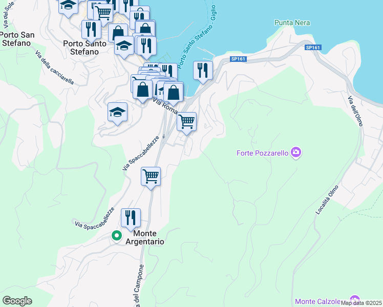 map of restaurants, bars, coffee shops, grocery stores, and more near 33 Strada dell Argentiera in Porto Santo Stefano