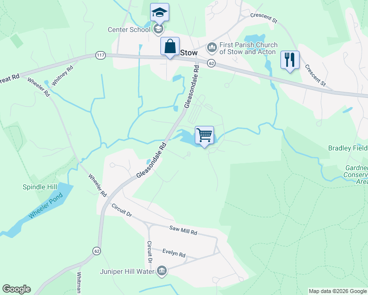 map of restaurants, bars, coffee shops, grocery stores, and more near 86 Massachusetts 62 in Stow
