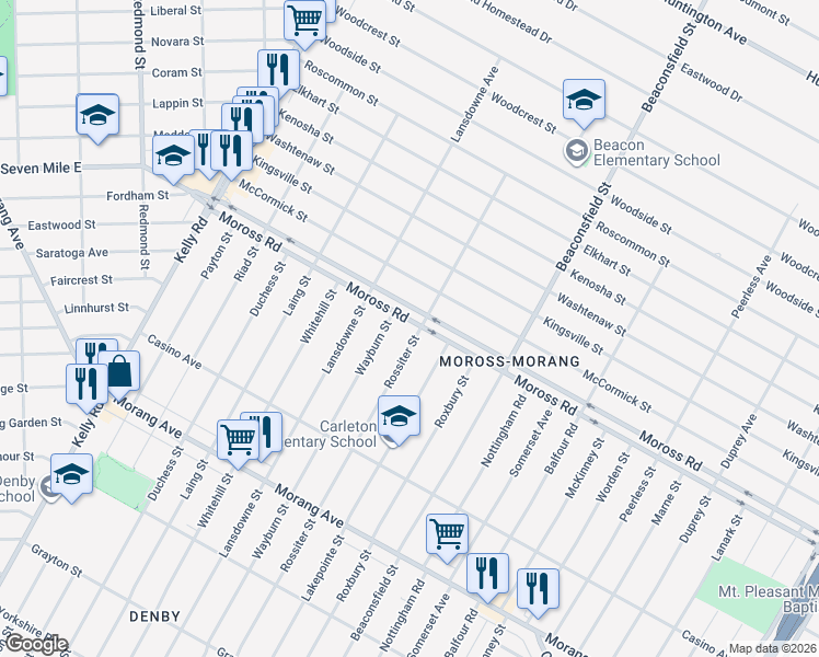 map of restaurants, bars, coffee shops, grocery stores, and more near 12139 Rossiter Street in Detroit