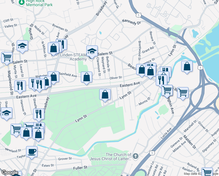 map of restaurants, bars, coffee shops, grocery stores, and more near 105 Bellvale Street in Malden