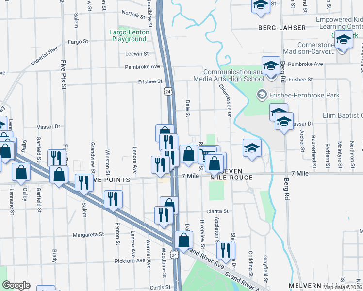 map of restaurants, bars, coffee shops, grocery stores, and more near 19248 Telegraph Road in Detroit