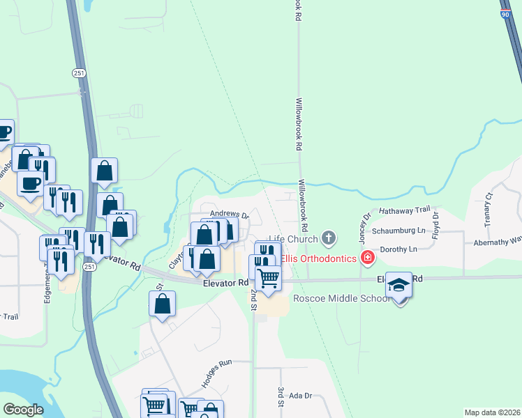 map of restaurants, bars, coffee shops, grocery stores, and more near 5692 Oak Village Drive in Roscoe