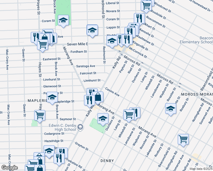 map of restaurants, bars, coffee shops, grocery stores, and more near 18472 Kelly Road in Detroit