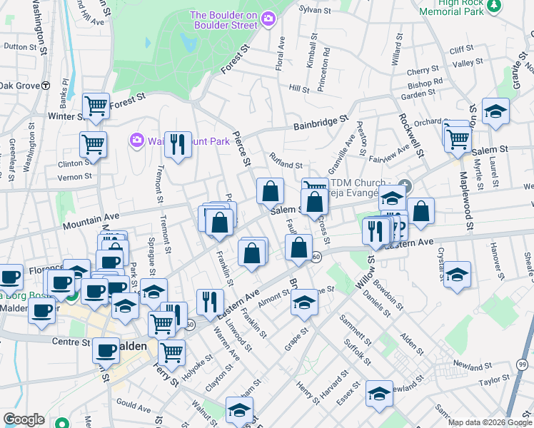 map of restaurants, bars, coffee shops, grocery stores, and more near Salem St & Bryant St in Malden