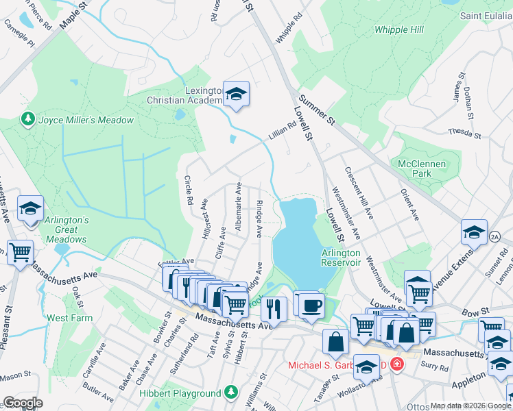 map of restaurants, bars, coffee shops, grocery stores, and more near 40 Rindge Avenue in Lexington