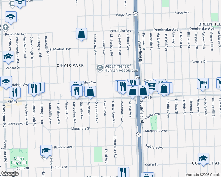 map of restaurants, bars, coffee shops, grocery stores, and more near 19127 Glastonbury Road in Detroit