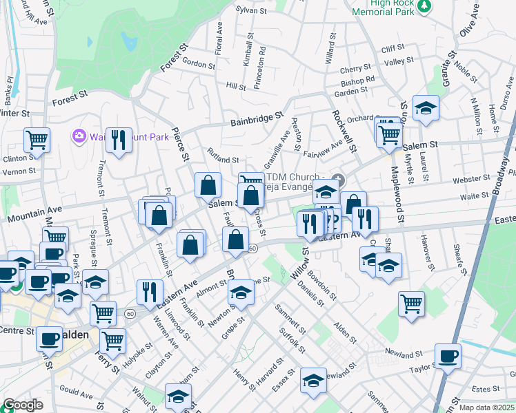 map of restaurants, bars, coffee shops, grocery stores, and more near 662 Cross Street in Malden