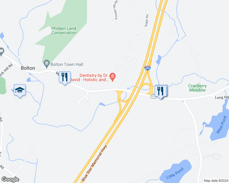 map of restaurants, bars, coffee shops, grocery stores, and more near 550 Main Street in Bolton