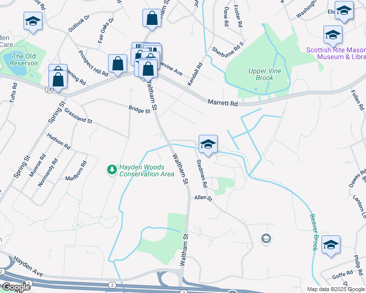 map of restaurants, bars, coffee shops, grocery stores, and more near 609 Waltham Street in Lexington