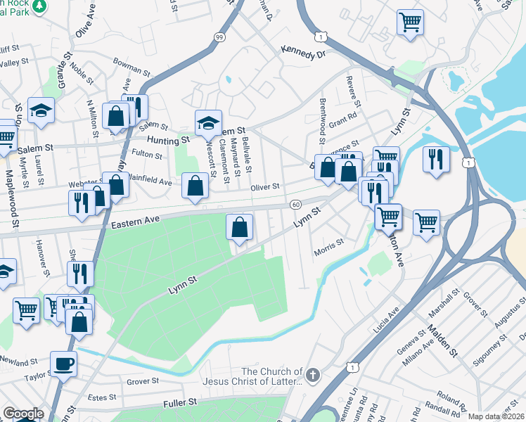 map of restaurants, bars, coffee shops, grocery stores, and more near 121 Bellvale Street in Malden