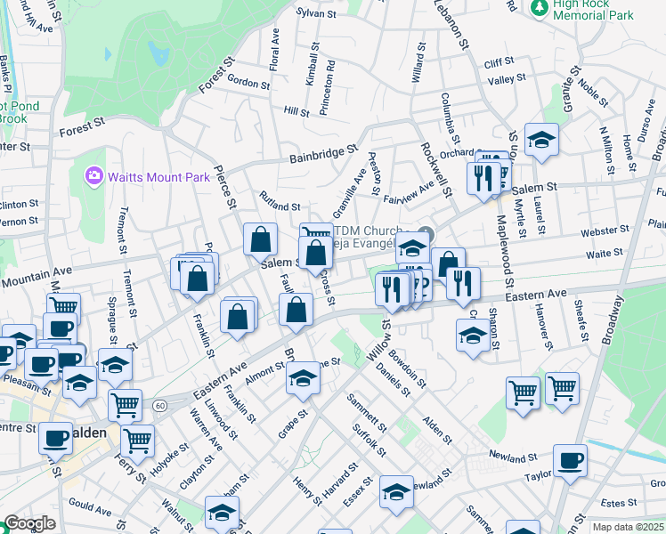 map of restaurants, bars, coffee shops, grocery stores, and more near 18-18R Playstead Road in Malden