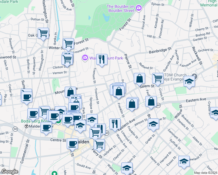 map of restaurants, bars, coffee shops, grocery stores, and more near 27-29 Page Street in Malden