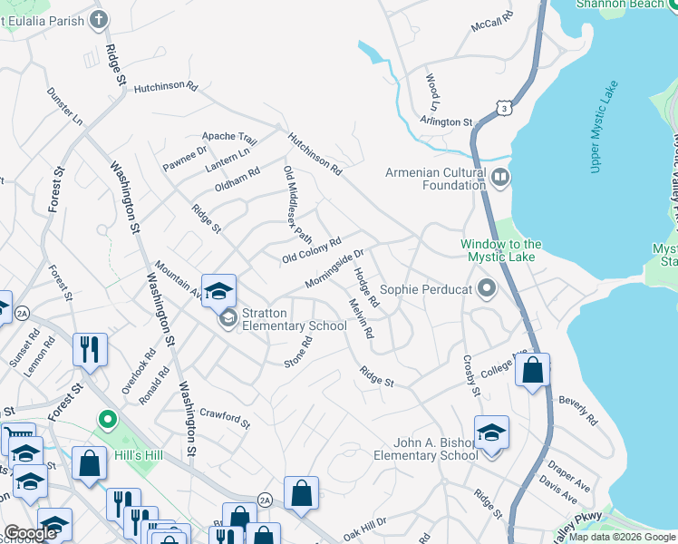 map of restaurants, bars, coffee shops, grocery stores, and more near 20 Melvin Road in Arlington