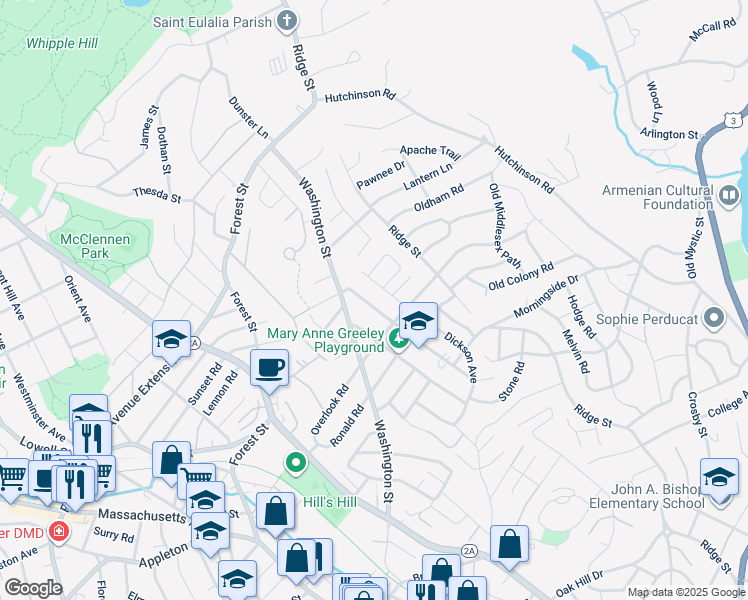 map of restaurants, bars, coffee shops, grocery stores, and more near 162 Overlook Road in Arlington