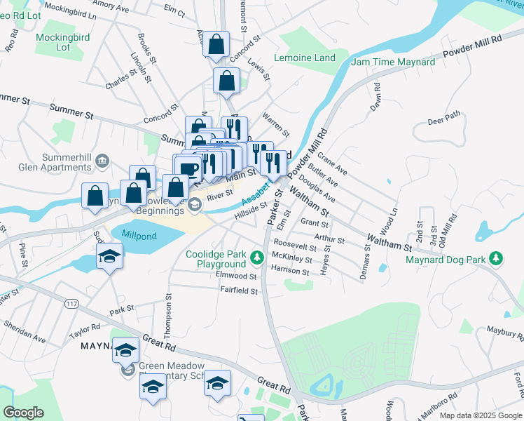 map of restaurants, bars, coffee shops, grocery stores, and more near in Maynard