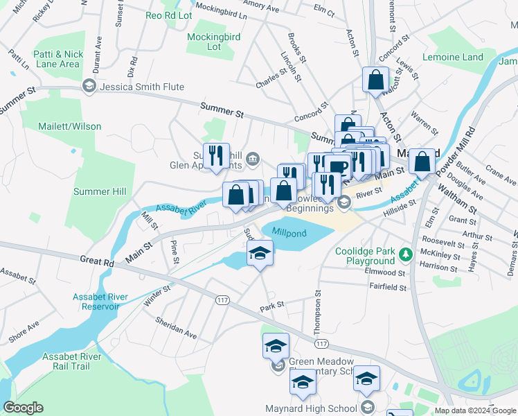 map of restaurants, bars, coffee shops, grocery stores, and more near 179 Main Street in Maynard