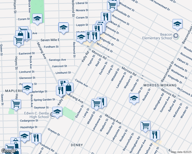 map of restaurants, bars, coffee shops, grocery stores, and more near 12590 Duchess Street in Detroit