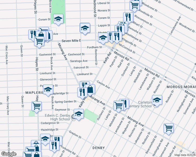map of restaurants, bars, coffee shops, grocery stores, and more near 18472 Kelly Road in Detroit