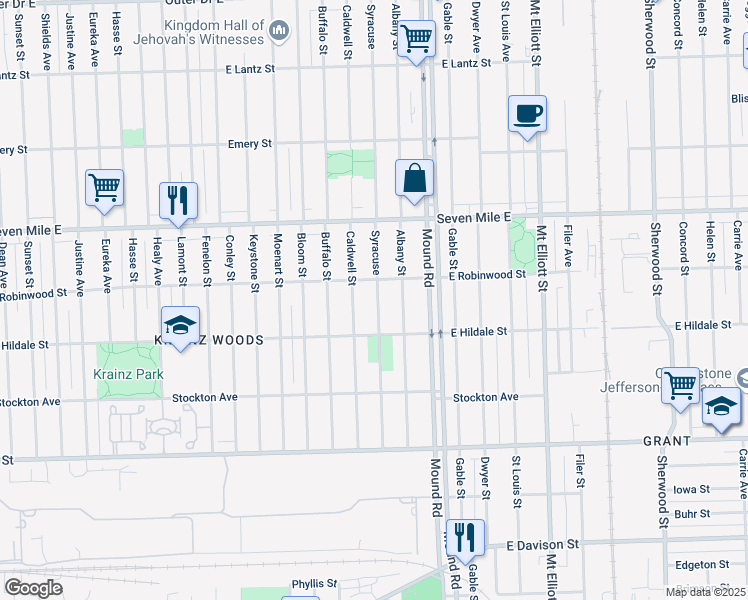 map of restaurants, bars, coffee shops, grocery stores, and more near 18635 Syracuse Street in Detroit