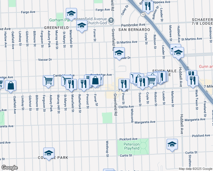 map of restaurants, bars, coffee shops, grocery stores, and more near 15521 7 Mile in Detroit