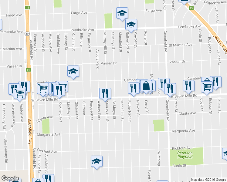 map of restaurants, bars, coffee shops, grocery stores, and more near in Detroit