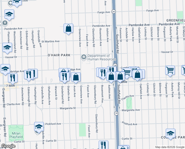 map of restaurants, bars, coffee shops, grocery stores, and more near 19127 Glastonbury Road in Detroit