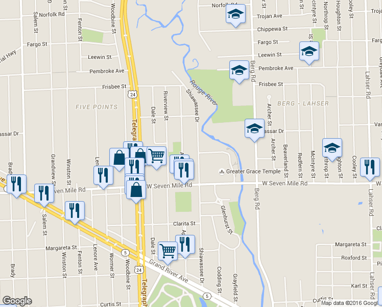 map of restaurants, bars, coffee shops, grocery stores, and more near 19209 Appleton Street in Detroit