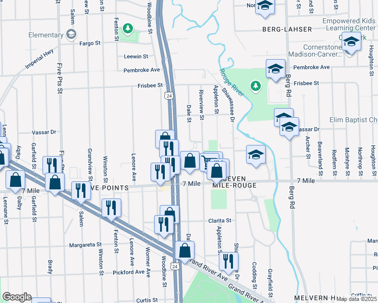 map of restaurants, bars, coffee shops, grocery stores, and more near 19248 Telegraph Road in Detroit