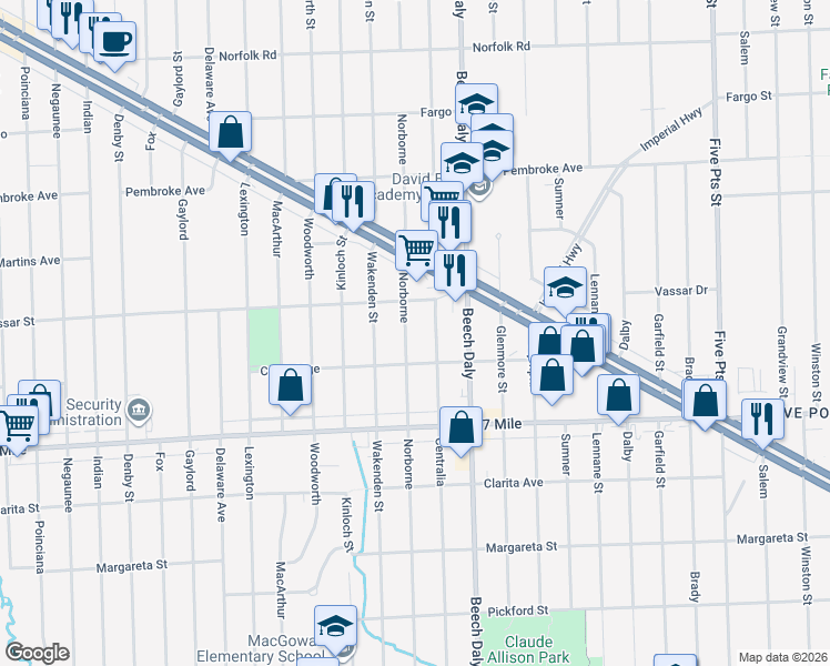 map of restaurants, bars, coffee shops, grocery stores, and more near 19317 Norborne in Redford Charter Township
