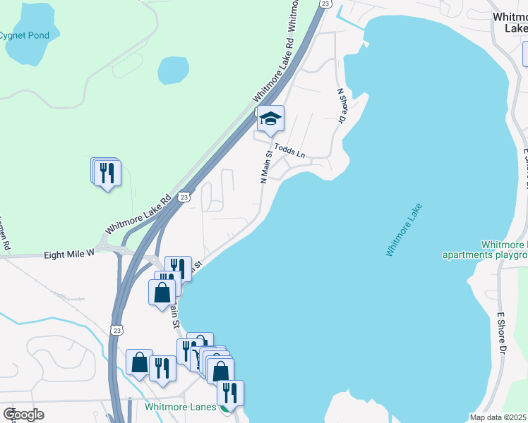 map of restaurants, bars, coffee shops, grocery stores, and more near 11859 North Main Street in Whitmore Lake