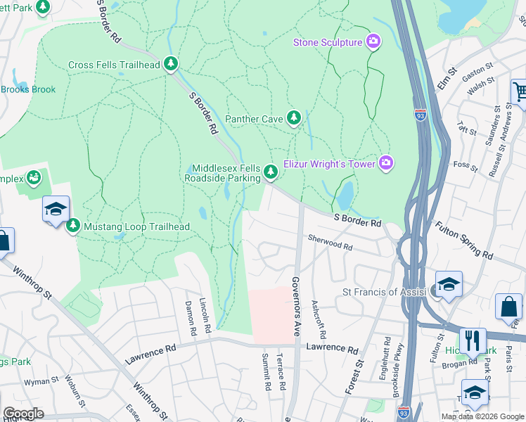 map of restaurants, bars, coffee shops, grocery stores, and more near 53 Brewster Road in Medford