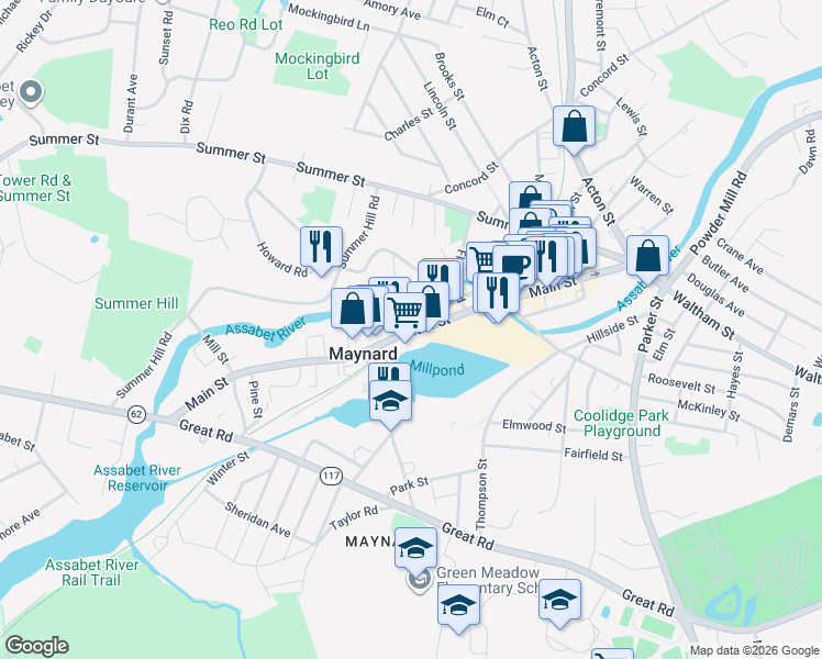 map of restaurants, bars, coffee shops, grocery stores, and more near 14 Railroad Street in Maynard