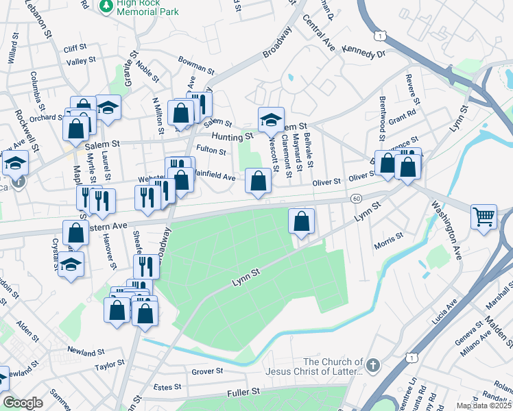 map of restaurants, bars, coffee shops, grocery stores, and more near 1243 Eastern Avenue in Malden