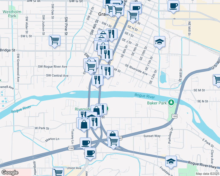 map of restaurants, bars, coffee shops, grocery stores, and more near 961 Southeast 8th Street in Grants Pass