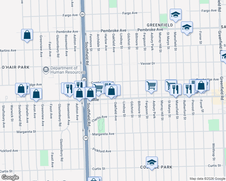 map of restaurants, bars, coffee shops, grocery stores, and more near 17501 West 7 Mile Road in Detroit