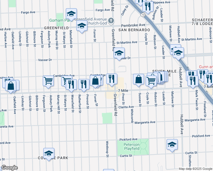 map of restaurants, bars, coffee shops, grocery stores, and more near 15521 7 Mile in Detroit
