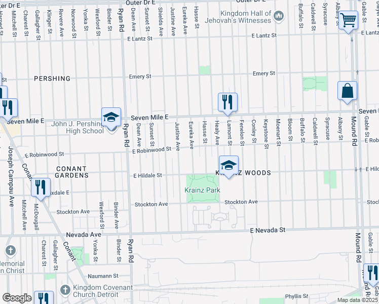 map of restaurants, bars, coffee shops, grocery stores, and more near 18693 Eureka Street in Detroit