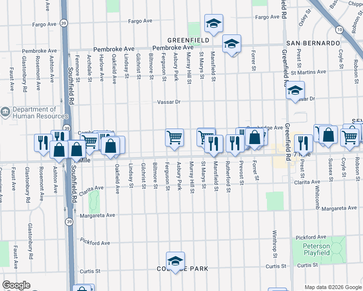map of restaurants, bars, coffee shops, grocery stores, and more near 19146 Asbury Park in Detroit