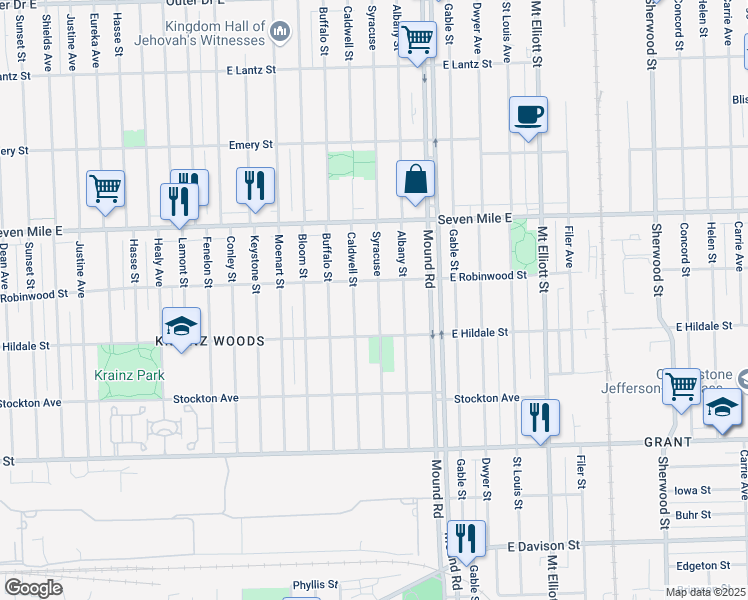 map of restaurants, bars, coffee shops, grocery stores, and more near 18635 Syracuse Street in Detroit