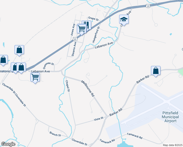map of restaurants, bars, coffee shops, grocery stores, and more near 140 Melbourne Road in Pittsfield
