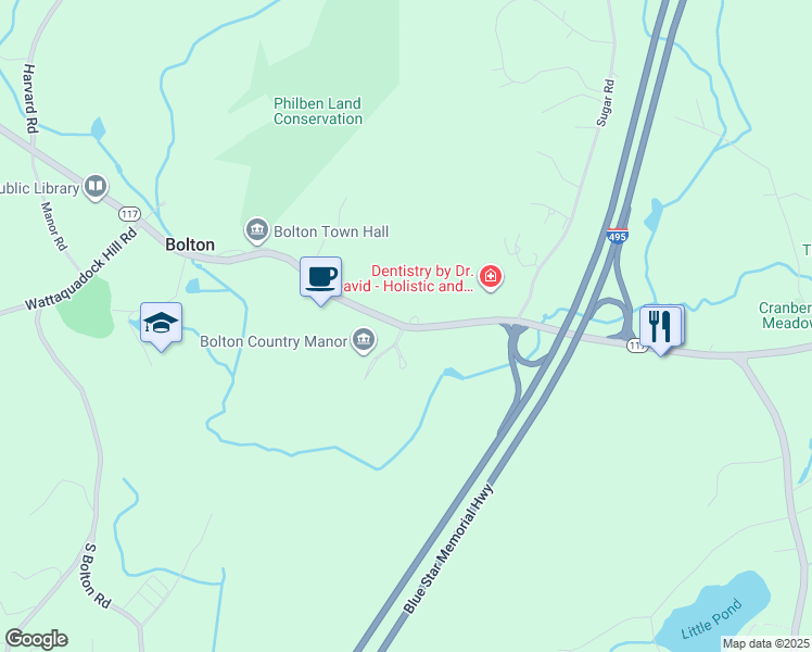 map of restaurants, bars, coffee shops, grocery stores, and more near 580 Main Street in Bolton