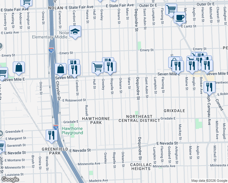 map of restaurants, bars, coffee shops, grocery stores, and more near 18801 Riopelle Street in Highland Park